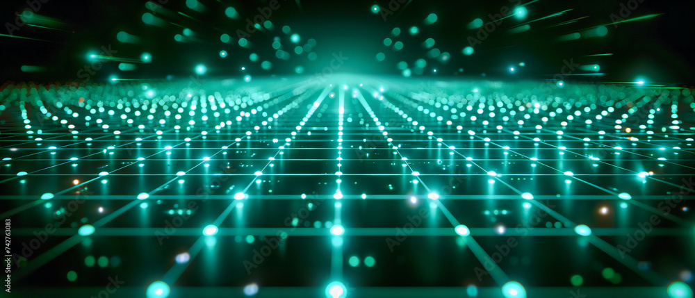Poster cybernetic fabric: a network of digital lines and blue lights, visualizing data flow