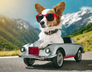Cute dog riding a mini car wearing sunglasses.  - obrazy, fototapety, plakaty