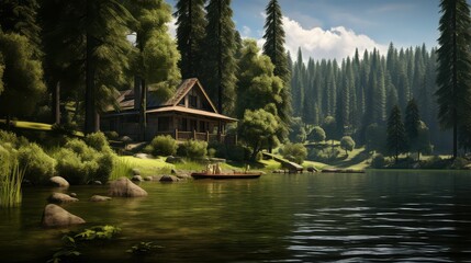 peaceful cabin on the lake - obrazy, fototapety, plakaty