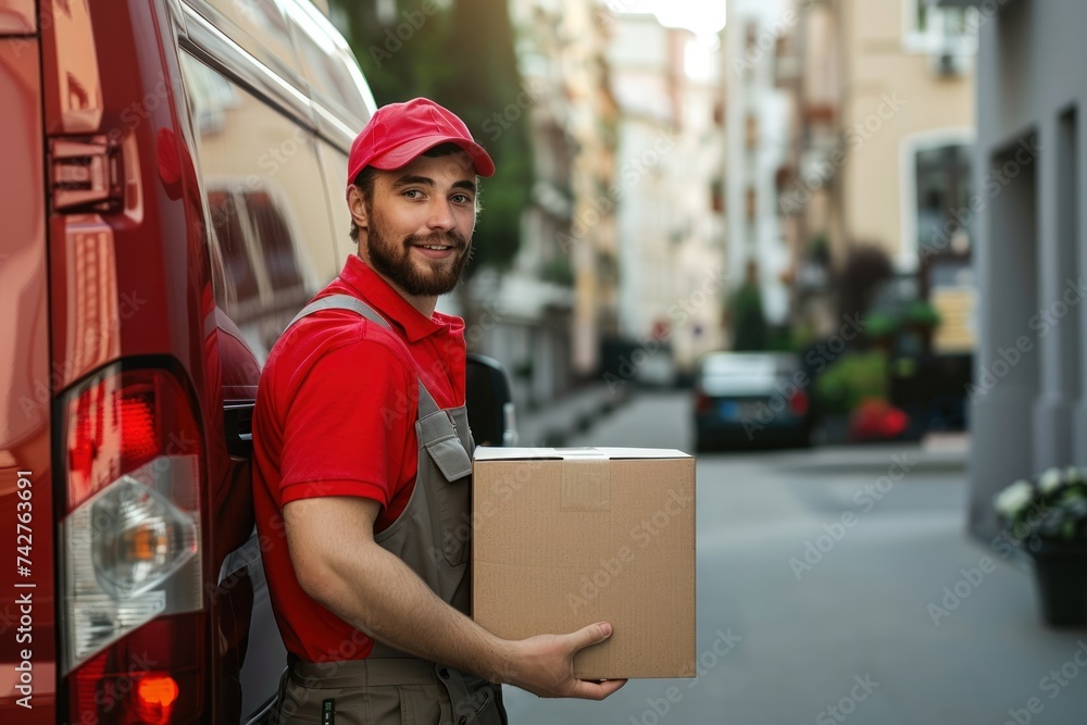 Poster generate an image description depicting a delivery courier service scenario.