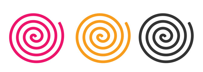 Spiral swirl line snail shape icon vector simple graphic illustration set, circle whirl twist stroke linear decoration design element red yellow black symbol logo, twirl curve candy lollypop image