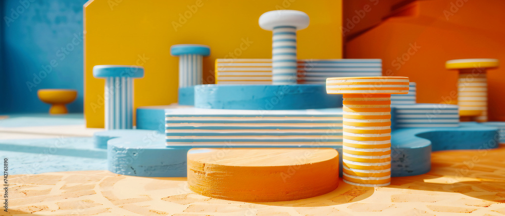 Aufkleber minimalist product display: geometric shapes and soft colors in a modern abstract setup