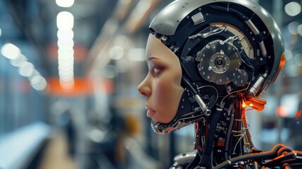 an unfinished humanoid female robot been constructed inside a futuristic laboratory 
