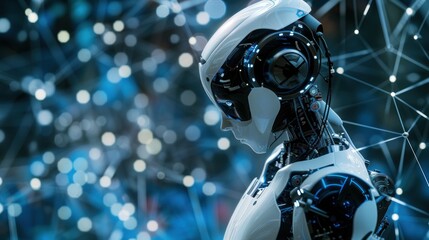 Fototapeta premium photo of a beautiful artificial intelligence robot, full body, electronics background