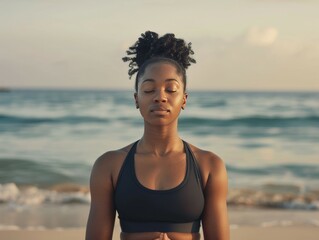 Mujer de 35 años en ropa deportiva con los ojos cerrados practica mindfulness o sofrología, meditación en la playa