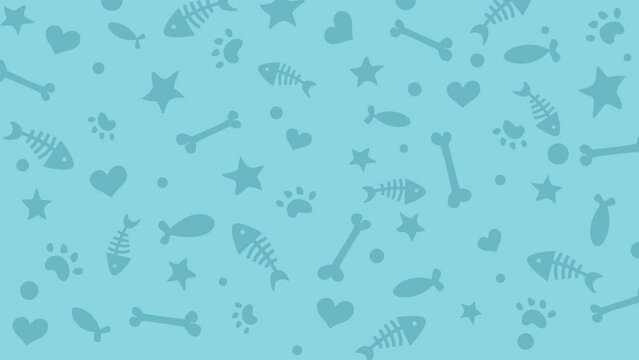 Fishbone and animal paw loop pattern background. Cat and fish Zoological themed animation with icons.