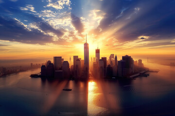 An evening sunset over Manhattan skyline in New York City AI Generative - obrazy, fototapety, plakaty