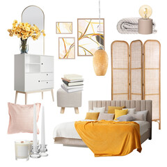 Fototapeta premium Stylish bedroom interior with different decorative elements and furniture on white background. Mood board collage