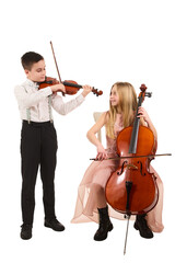 Boy and girl playing violin and cello © Stockphotodirectors