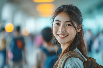 A group of Asian females happily make their way to the boarding gate at the airport, eager to embark on a vacation abroad by plane.