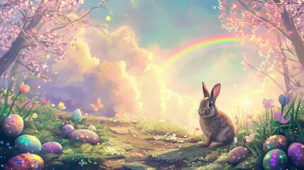Fantasy Bunny and Easter Eggs Under Rainbow
 - obrazy, fototapety, plakaty