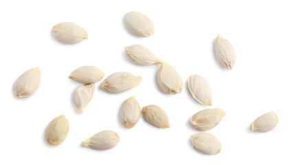 Many seeds of tangerine isolated on white, top view