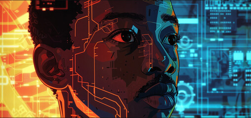 Drawn portrait of an African American man in comic book style, technology