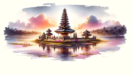 Fotobehang Watercolor scene of a balinese temple at sunrise with a serene lake. © Milano