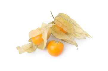 Ripe physalis fruits with calyxes isolated on white, top view