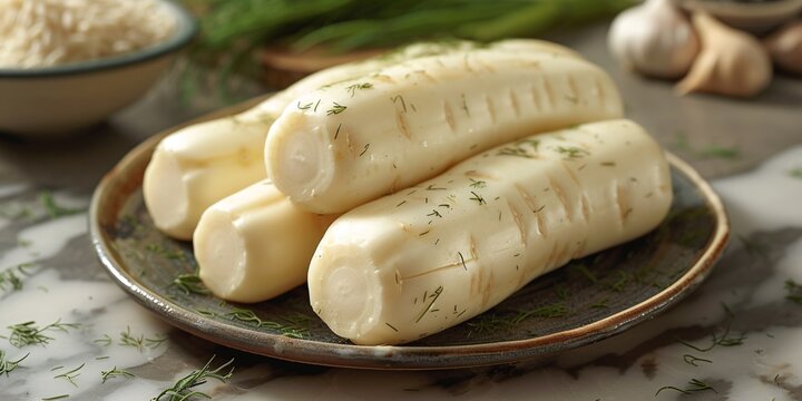 Blanched arrowroot on a platter.