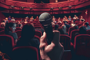 A hand holding a microphone in front of a full auditorium. The concept of public speaking. Illustration for cover, banner, poster, brochure, advertising,  - obrazy, fototapety, plakaty