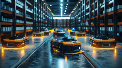 AGV robots in motion delivering efficiency in a 3D concept warehouse transforming logistics with smart technology