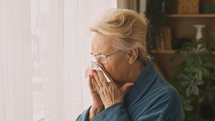 Senior woman blowing her nose indoors