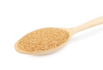 Wooden spoon with brown sugar isolated on white
