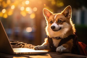 Brave corgi dog guarding a laptop with sword and shield in a bright sunny office setting - obrazy, fototapety, plakaty