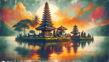 Fotobehang Illustration in a grunge style with a serene balinese temple scene for nyepi day. © Milano