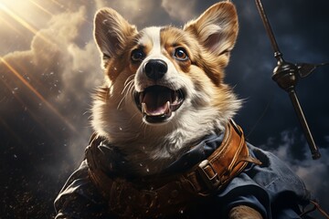 Brave corgi dog with sword and shield defending laptop in bright office on sunny day