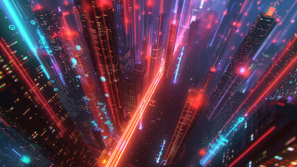 A digital illustration of a 5G wireless network in action, showcasing high-speed internet connectivity with vibrant beams of light crisscrossing over a futuristic cityscape. - obrazy, fototapety, plakaty