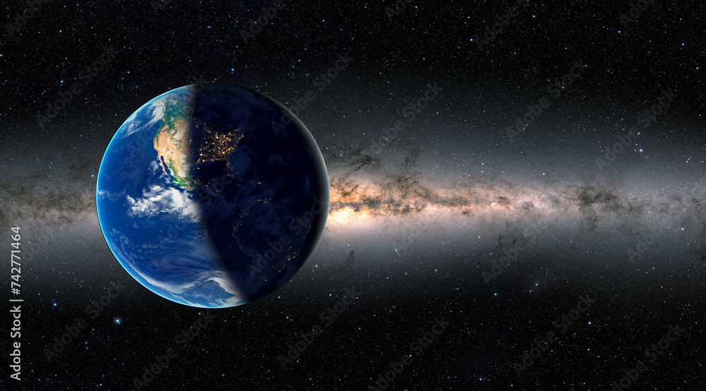 Poster day and night on planet earth milky way galaxy in the background. elements of this image furnished b