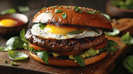 Handcrafted gluten-free burger on brioche bun with ground beef, avocado spread and basil on a rustic wooden board.