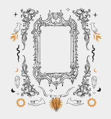 Hand drawn vector abstract outline,graphic,line vintage baroque ornament floral frame in calligraphic elegant modern style.Baroque floral vintage outline design concept.Vector antique frame isolated. - 742771886