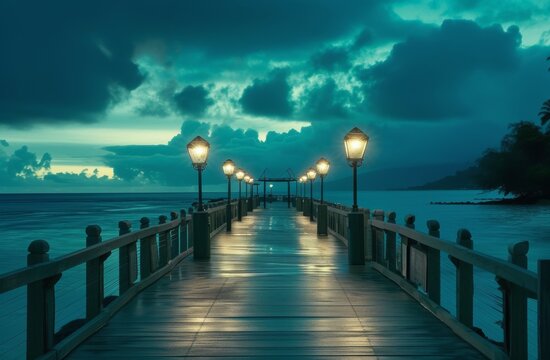 The tranquil lake reflects the vibrant sunset sky, as lights illuminate the boardwalk pier and bridge leading to the dock, creating a picturesque scene of serene beauty and outdoor adventure