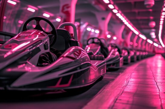 Adrenaline-fueled fun awaits as a row of go karts sit ready to transport eager riders into a bumper car battle within the confines of an indoor track
