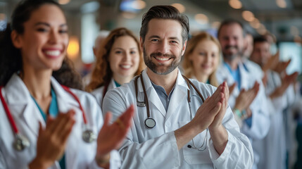 Doctor, Group of medical professional clapping and celebrating teamwork support for healthcare achievement or goal at the hospital.