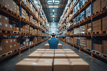 worker in warehouse, Worker Wearing Hard Hat Holding Digital Tablet Computer Walking Through Retail Warehouse full of Shelves with Goods. Working in Logistics and Distribution Center