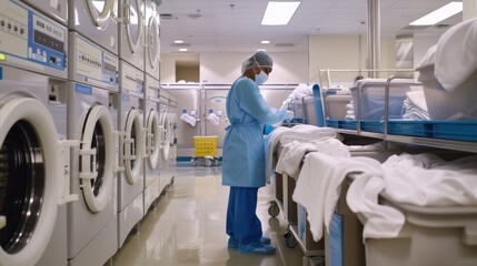 An image capturing a healthcare facility's laundry operation, where workers are diligently handling hospital linens and uniforms.