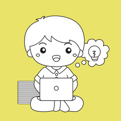 Happy Kids Doing Healthy Lifestyle Study Learning Activity Cartoon Digital Stamp Outline