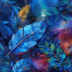 blue tropical leaves against a backdrop of distant galaxies and colorful space gas clouds.