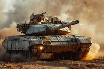 Modern tank battle shooting missile - obrazy, fototapety, plakaty