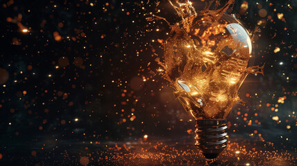 creative spark, with a light bulb disintegrating into fragments as it unleashes an explosion of multi-colored paint splashes--gold, silver, and copper--against a black background.