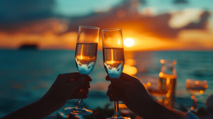 Romantic silhouette of a couple at sunset, their love story etched against the fiery sky. Couple in love drinking champagne wine on a romantic dinner at sunset on the beach - obrazy, fototapety, plakaty