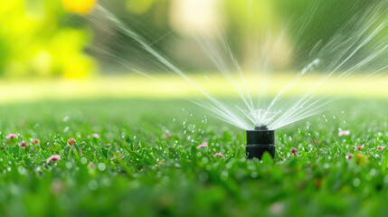 close up of a garden sprinkler spraying water into grass, drought concept, water savings,