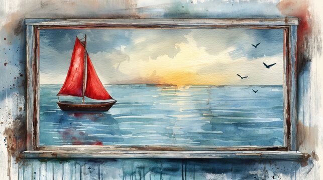 Sunset Sail. Crimson Sails at Dusk