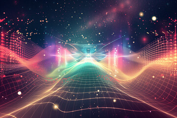 An abstract vector background illustrating the essence of technology and communication, with overlapping digital waveforms and geometric shapes symbolizing network connectivity. - obrazy, fototapety, plakaty