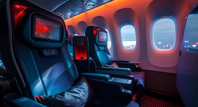 A passenger seat on an airplane with a window showing clouds in the sky