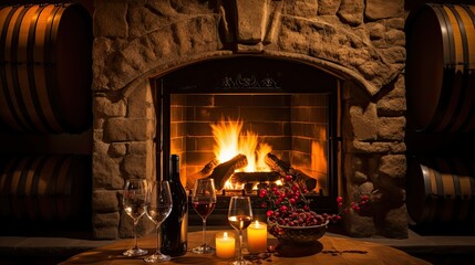 ambiance fireplace wine - obrazy, fototapety, plakaty