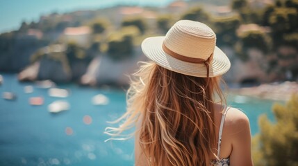 A summer vacation in France, with a young woman wearing a hat and long hair, enjoying the French Riviera.