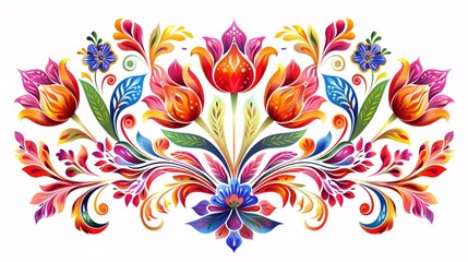 Hand-crafted Tatar ornament on white background, featuring a traditional circular design with vibrant gradients and tulip and floral motifs.