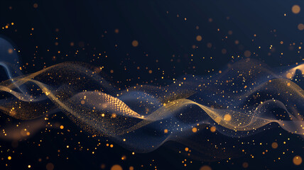 An abstract background featuring a deep navy blue canvas illuminated by scattered golden light particles, simulating a bokeh effect reminiscent of a starry Christmas night. - obrazy, fototapety, plakaty