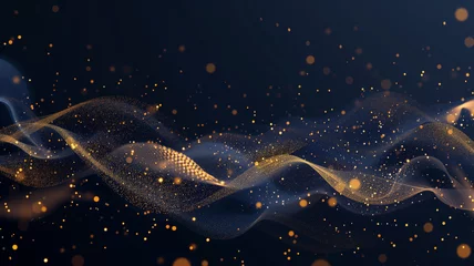 Foto op Plexiglas An abstract background featuring a deep navy blue canvas illuminated by scattered golden light particles, simulating a bokeh effect reminiscent of a starry Christmas night. © CtrlN